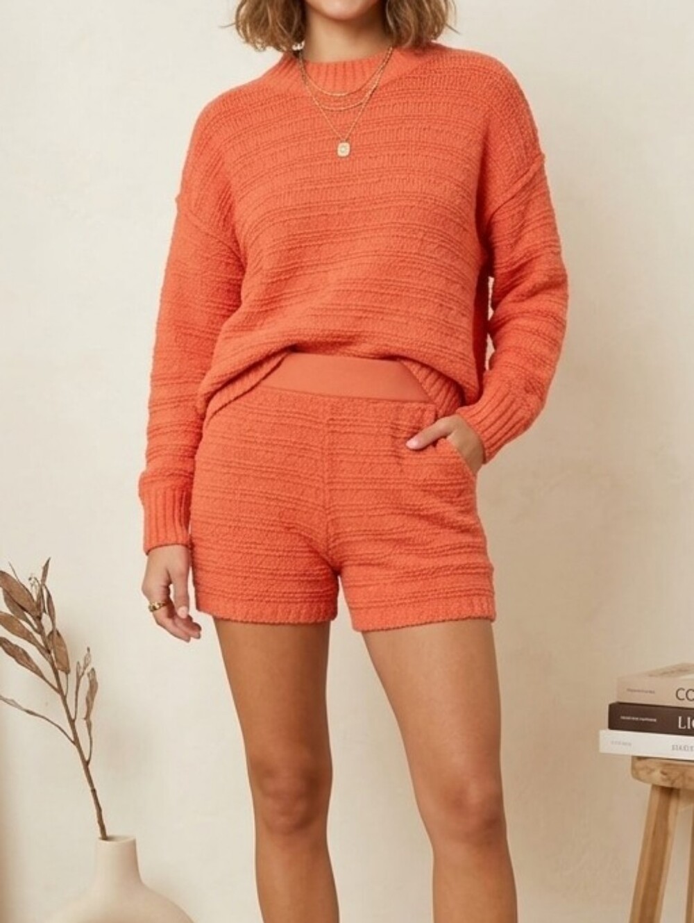 Free People Beach Burnt Orange Knit Sweater & Shorts Set
